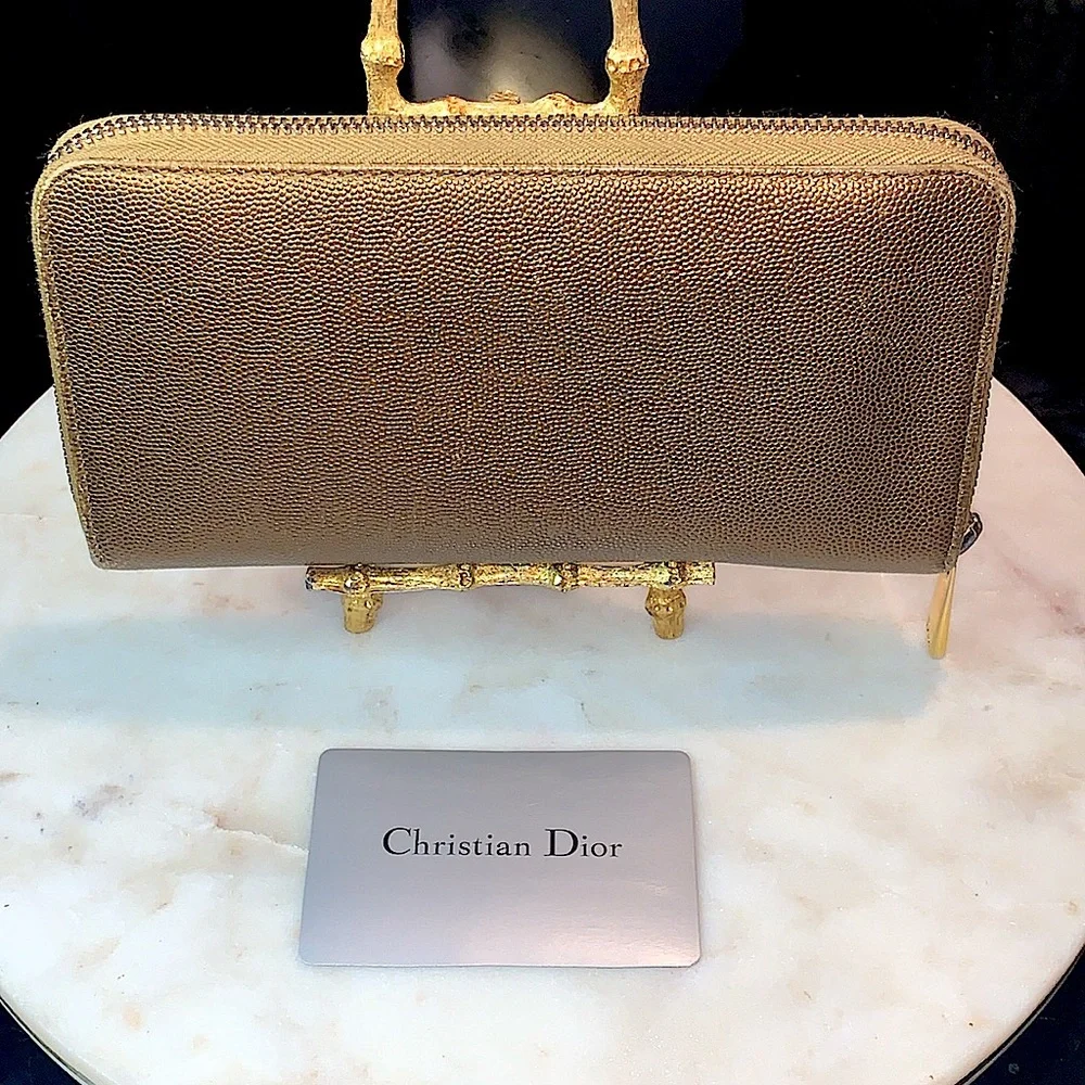 CHRISTIAN DIOR ZIPPY WALLET GOLD METALLIC MADE IN SPAIN